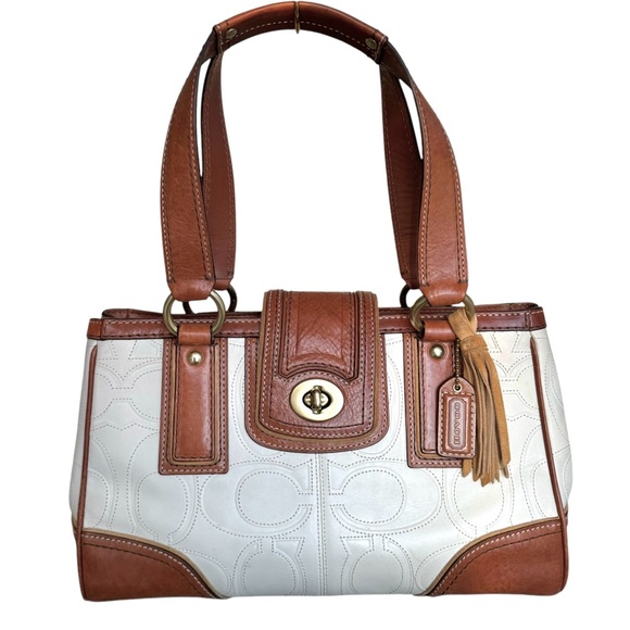 Coach Vintage Leather Flap Tote Bag White Signature Embroidery Y2K Shoulder Bag - Picture 1 of 17